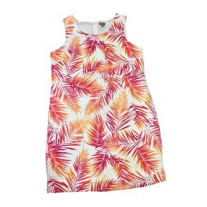 J. Jill Sleeveless Linen Shift Dress‎ White Pink Palm Print Sz 14 Resort Beach